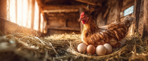 The Chicken Guarding Fresh Brown Eggs in a Rustic Sunlit Barn Nest
