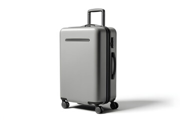 Modern gray trolley suitcase standing upright, sleek design with handle and wheels, showcasing travel convenience, isolated on white background.
