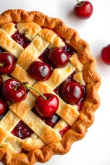 Close-up cherry pie with lattice crust and fresh cherries on white background, homemade baked dessert food photography