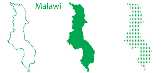 Fototapeta premium Malawi Map Vector Set, Southeast Africa Outline Silhouette Dotted Green Shapes, Malawi Country Infographic Template, Editable EPS Malawi Geography