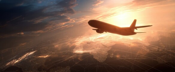 The Airplane Silhouette Soaring Over a Digital Global Network at Sunset