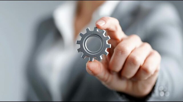 Woman holding a gear wheel signifying employee empowerment framework icon concept model outline for organizations. Employee Empowerment Framework &ndash; Animated Video Version