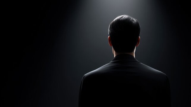 Mysterious Back View of a Man in Suit Under Dramatic Spotlight Against Dark Background for Conceptual Art and Creative Photography