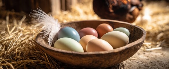 The bowl of colorful farm eggs on straw in a rustic farmhouse setting