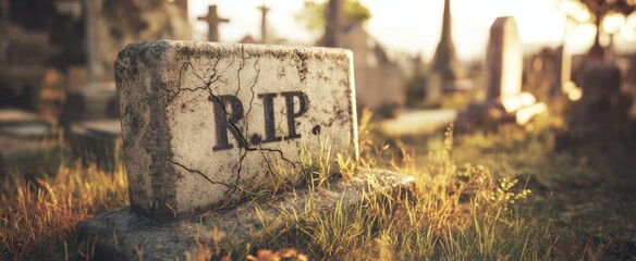 The Tombstone with RIP Engraving in a Sunlit Historic Cemetery at Dusk