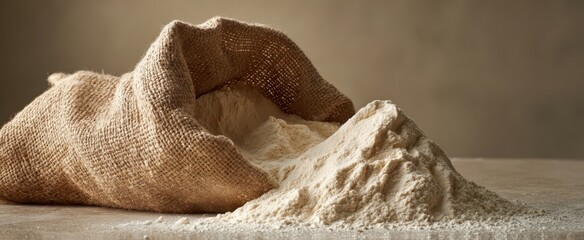 The Flour in a Burlap Sack Spilling onto a Rustic Wooden Table Surface