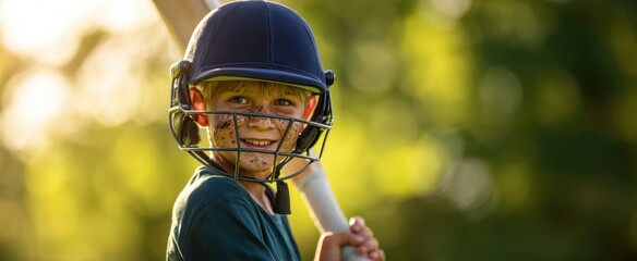 The young baseball player smiling with bat in golden sunlight