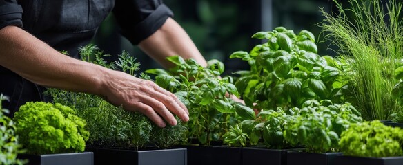 The Herb Garden: Hands Tending Fresh Potted Basil Parsley Dill and Chives