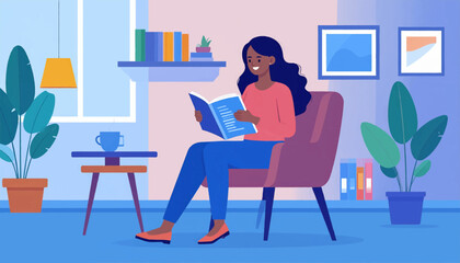 Person reading a book in an indoor scene, with plants, books, and minimal decor in soft, flat colors