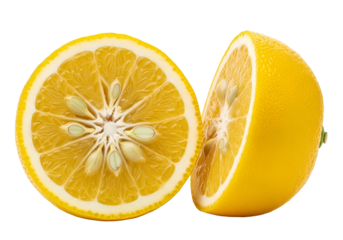Two vibrant yellow lemon halves, sliced to reveal a starburst pattern of seeds, against a striking black background.