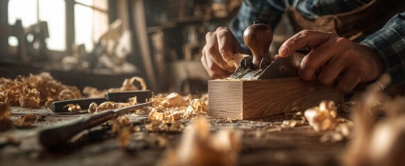 The Wood Plane in Hands of Craftsman Smoothing Timber on Rustic Workshop Bench