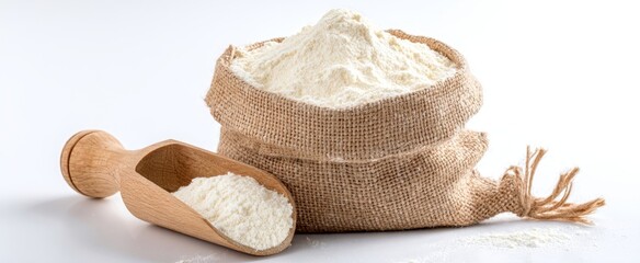 The Flour Sack and Wooden Scoop on White Background for Baking Ingredients
