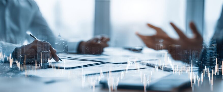 The Business Meeting Between Colleagues Reviewing Financial Documents and Data Visualizations - Powered by Adobe