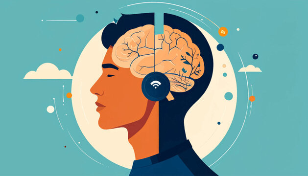 Head in profile, a stylized brain overlaid with a minimalist design. Teal background with shapes