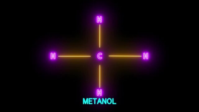 neon Methanol Molecule Structure on black Background. Methanol Molecular Symbol icon Animation.