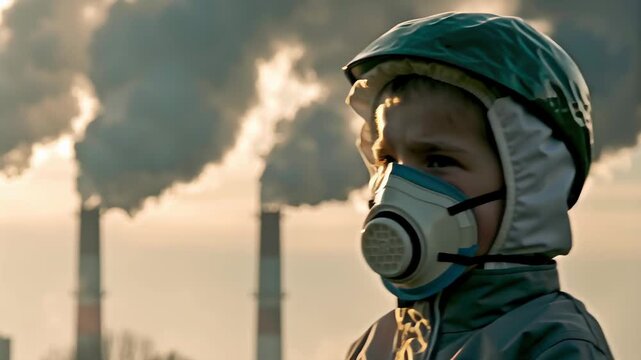 Children wearing masks against air pollution concept. A child stands near smokestacks emitting pollution, highlighting environmental concerns.