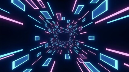 Abstract Futuristic Neon Light Tunnel Background, AI quantum tunnel background with data 3D abstract dots for digital tech. Grid code squares and blue portal perspective with a matrix neon aesthetic.