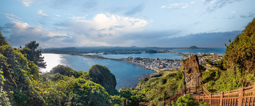 Scemnic view Seongsan-ri  from the stairs leading down from Sunrise Peak (Seongsan Ilchulbong) tuff cone volcano, Jeju Island, South Korea