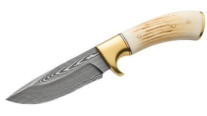 Obraz premium Damascus steel hunting knife isolated PNG, handcrafted blade with bone handle for outdoor adventures and survival gear on transparent background