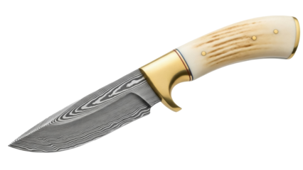 Damascus steel hunting knife isolated PNG, handcrafted blade with bone handle for outdoor adventures and survival gear on transparent background