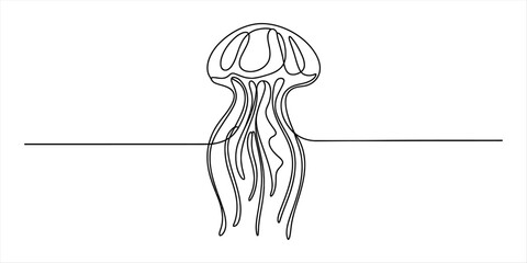 Minimalist single line artwork depicting a graceful jellyfish swimming through the ocean Vector, illustration © Pabon Art Gallery