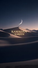 Crescent Moon over Desert Dunes during Ramadan at Dusk from an Elevated Viewpoint
