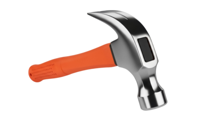 Claw hammer isolated PNG, silver metal head and orange handle, construction tool for carpentry and home improvement projects