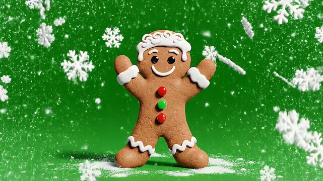 Cheerful Gingerbread Man with Snowflakes - This video shows a 3D video of a gingerbread man cookie on a vibrant green background, surrounded by falling snowflakes.