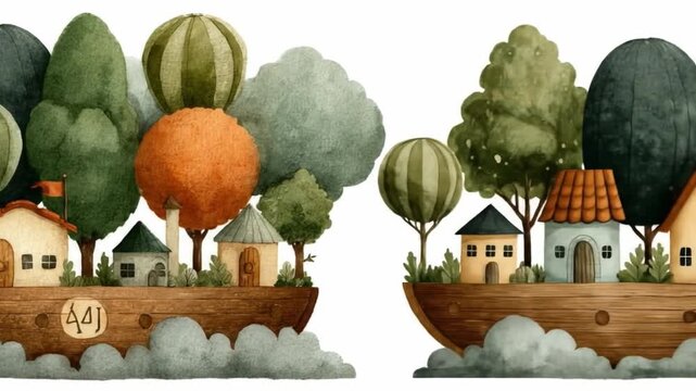Watercolor illustration of miniature town with trees and boat
