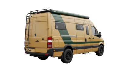 Tan camper van PNG isolated on transparent background, overland vehicle with roof rack and ladder for adventure travel and camping