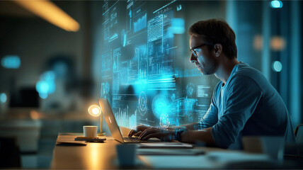 A person working on a laptop with digital data interface overlaid. The man is focused, indicating a modern tech environment