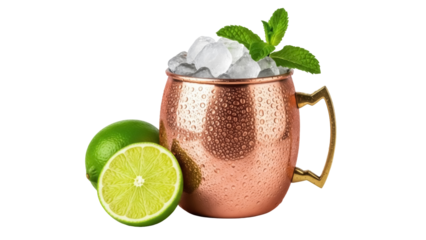 Moscow mule in copper mug with ice and mint, isolated PNG on transparent background, refreshing cocktail for summer party