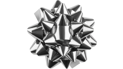 Shiny silver gift bow isolated PNG, metallic ribbon decoration for Christmas presents and birthday celebrations on transparent background