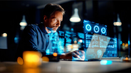 A professional person working on a laptop surrounded by digital displays in a dark environment