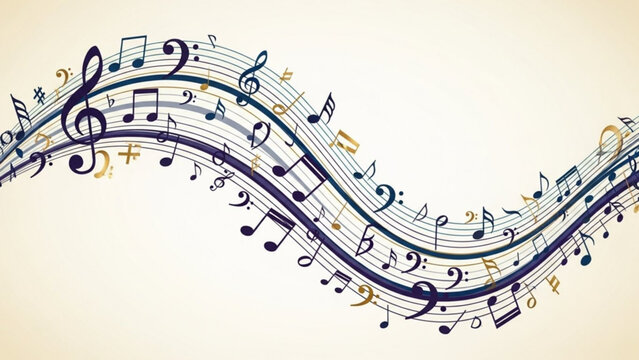 Wavy Musical Notes Flowing Staff, Blue Purple Vector Illustration on Light Background