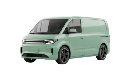 Light green electric delivery van PNG isolated on transparent background, modern cargo vehicle for e-commerce and sustainable transportation