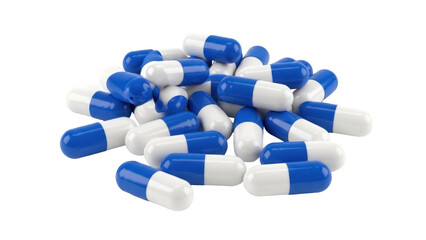 Blue and white capsules isolated PNG, pharmaceutical medication for healthcare and treatment, medical supplement for health and wellness