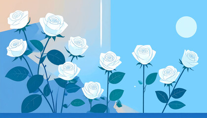 Light blue illustration of white roses, blue stems and leaves, against two tone background