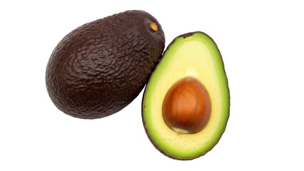 Ripe brown avocado and a half with pit isolated PNG, healthy fruit on transparent background for food design and nutrition