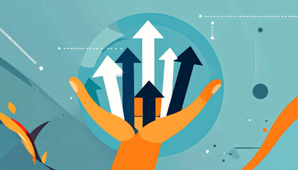 Graphic of hands holding upward arrows in blue circle against teal backdrop with dots and shapes