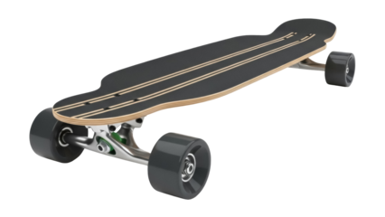 Black longboard PNG isolated on transparent background, skateboard with wooden deck and dark wheels for extreme sports and recreation