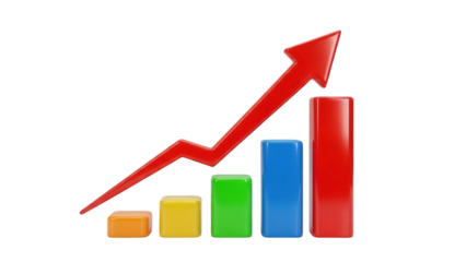 Colorful 3D bar graph with red arrow isolated PNG, business growth chart on transparent background for financial report