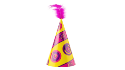 Festive yellow party hat with pink feather isolated PNG, fun celebration headwear for birthday and special events on transparent background
