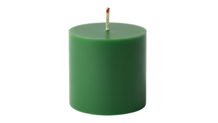 Green pillar candle PNG isolated on transparent background, cylindrical wax candle with wick for decoration and religious use