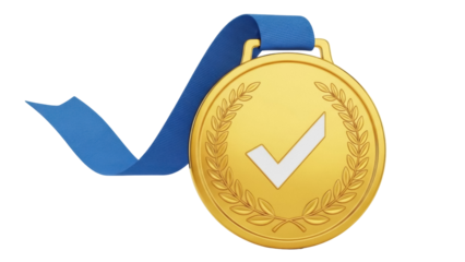 Gold medal with check mark isolated PNG on transparent background, achievement and success symbol for graphic design and web use