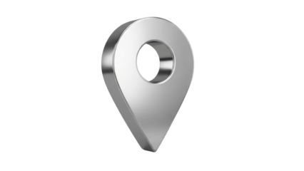 Silver map pointer isolated PNG on transparent background, location pin icon for maps and navigation apps
