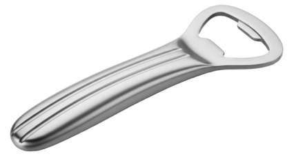 Sleek silver bottle opener isolated PNG on transparent background, modern bar tool for opening beer and soda bottles