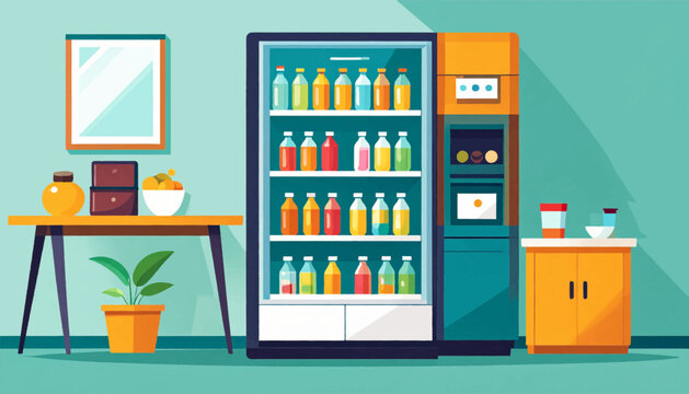 Retro office interior with a vending machine, desk, plant, and fruit bowl, rendered in a minimalist, flat style