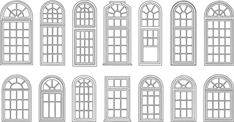 Architectural window designs with various styles and patterns