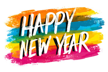 Vibrant "Happy New Year" text with colorful brush stroke background, festive and energetic celebration design, modern artistic style, isolated on white background.
